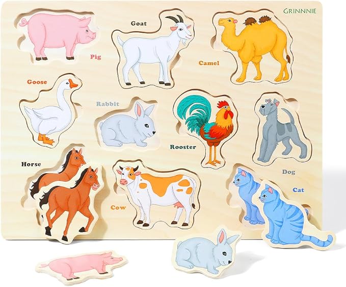 GRINNNIE Wooden Toddler Puzzle for Age 2 3 4 Years Old, 6 PCS Toddlers Learning Puzzle Set - Animal, Fruit, Sea Creature and Vehicle, Educational Toy Birthday for 3-5 Boys Girls