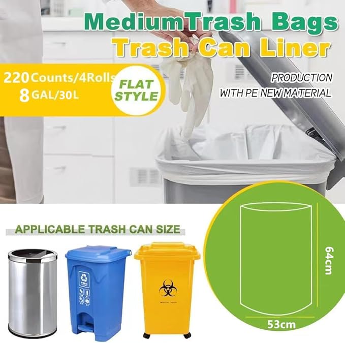 SWIHELP Medium Garbage Bags 8 Gallon /30 Liter Trash Bags Wastebasket Bin Liners Plastic Trash Bags for Bathroom Bedroom Office Trash Can 220 Count