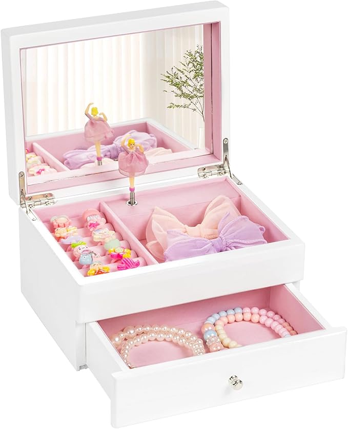 Miratino Music Jewelry Box Gifts for Girls, Wooden Kids Jewelry Boxes & Organizers with Spinning Dancer, Musical Jewelry Storage Gift for Little Girl Toddler Christmas Birthday New Year (White)