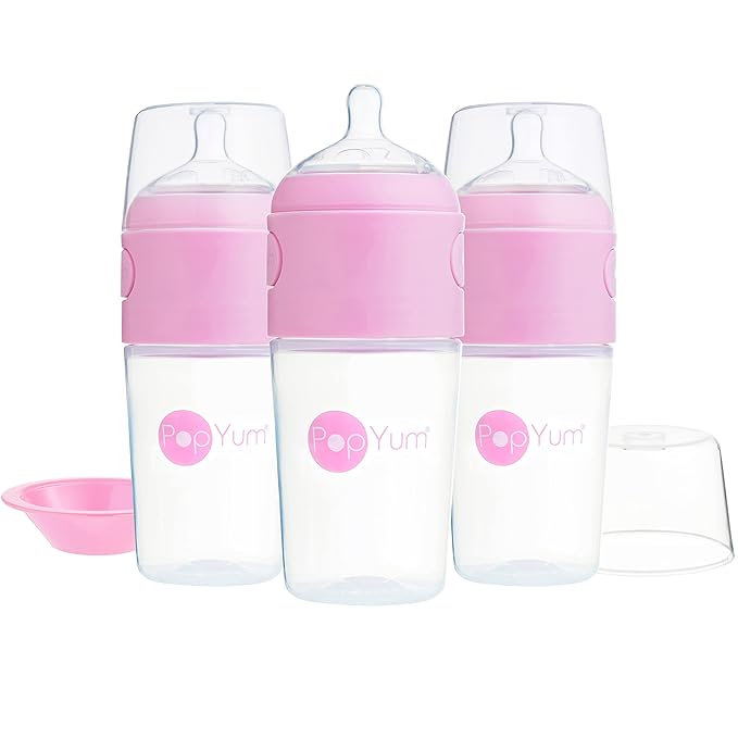 PopYum 9 oz Pink Anti-Colic Formula Making/Mixing/Dispenser Baby Bottles, 3-Pack with #2 Medium Flow Nipples, 260 ml, BPA-Free, Natural Latch