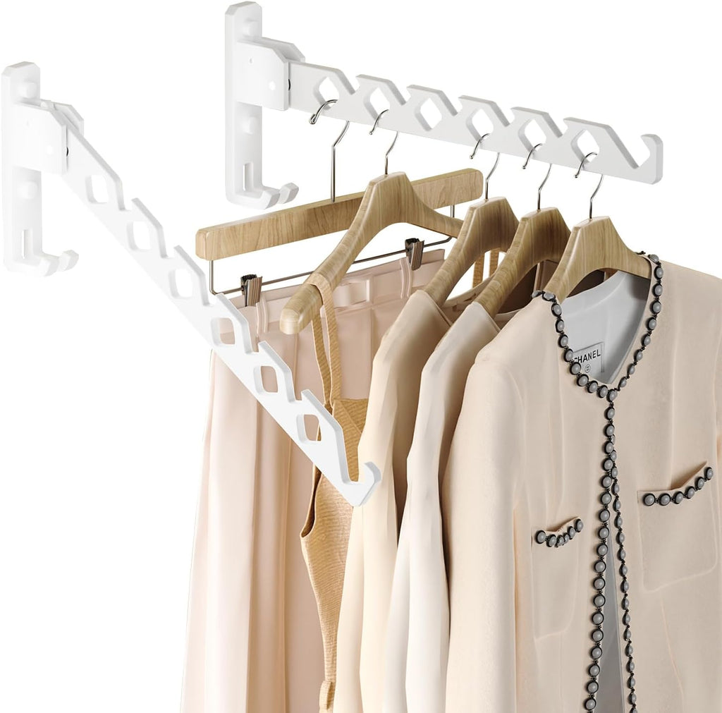 Dr.DJ Wall Mount Coat Hanger Holder White Clothes Drying Organizer Rack Garment Hooks Aluminium Retractable Folding Indoor Wall Mounted Hanger Space Saver for Laundry Room Bedroom White 2Pack