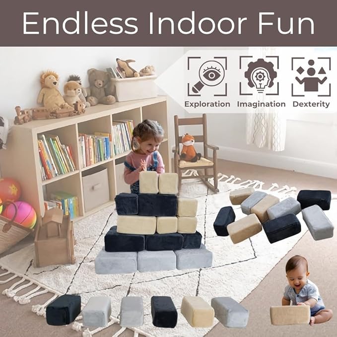 Wonder Space Plush Foam Blocks - Nursery Building & Stacking Toys for Toddlers Boys & Girls, Soft Smooth Velvet Cover, Early Education Gross Motor Skills & Brain Development (24 Bricks, Castle Rock)