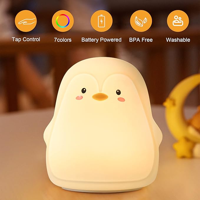Penguin LED Night Light for Kids, Cute Nursery Color Changing Kids Night Light with Tap Control, USB Rechargeable Portable Squishy Silicone Soft Lamp Gifts for Baby Girls Boys Toddler Children Bedroom
