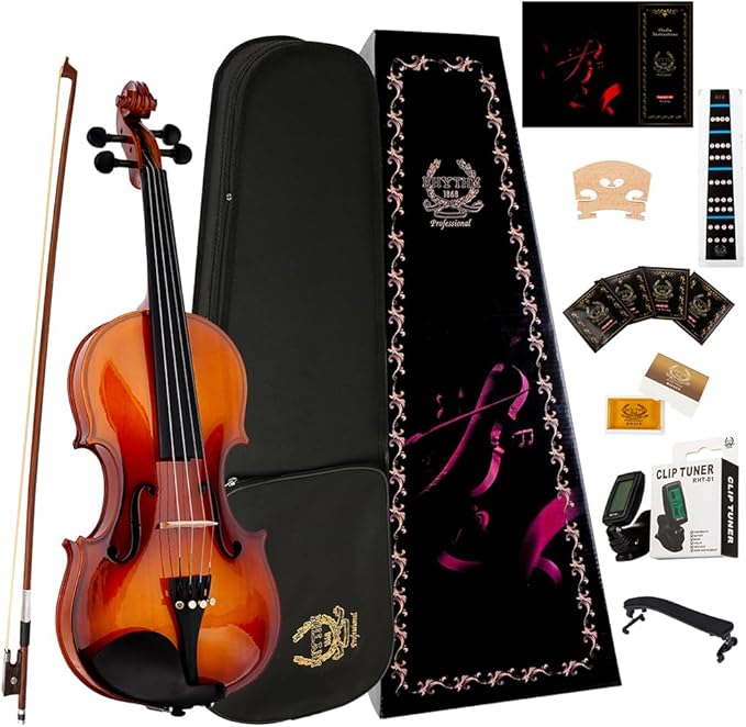Rhythm Violin Set for Beginners,Acoustic Violins Starter Kit Package for Student,Beginners Fiddle with Hard Case, Rosin, Shoulder Rest, Bow, and Extra Strings (NATURAL, 1/4)