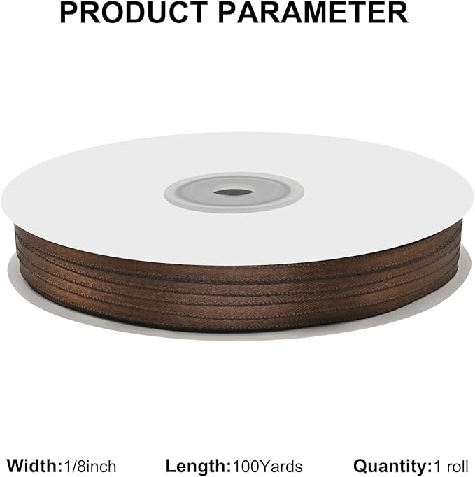 1/8 Inch X 100 Yards Brown Satin Thin Ribbon Solid Color Double Faced Ribbons Perfect for Crafts Wedding Decor Bow Making Arts Sewing and More
