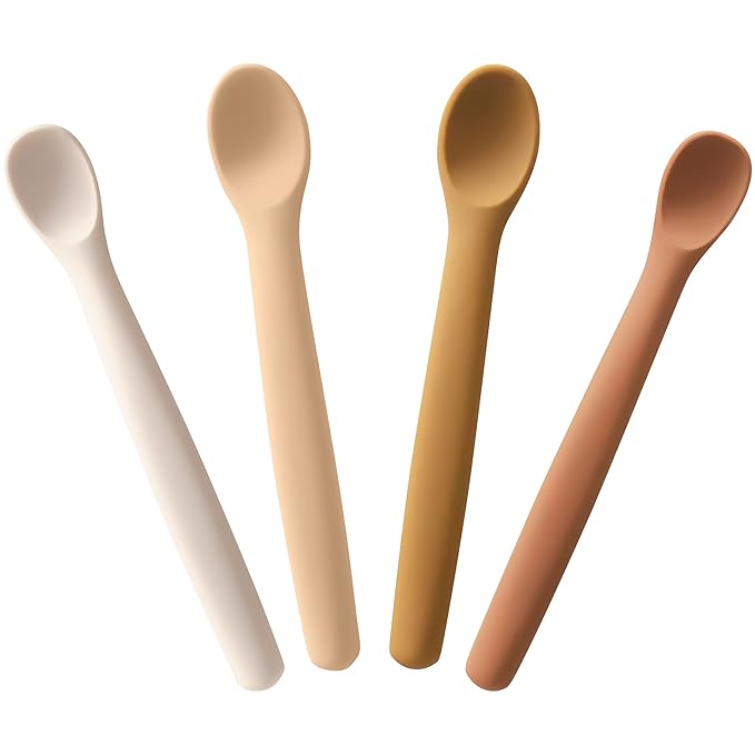 Moonkie Silicone Baby Spoons Set of 4, Two Sizes Feeding Spoon for First Stage 4+ Months, Baby Utensils, Toddler Led Weaning Spoons, Bendable, Chewproof & Boil-proof(Without Case)