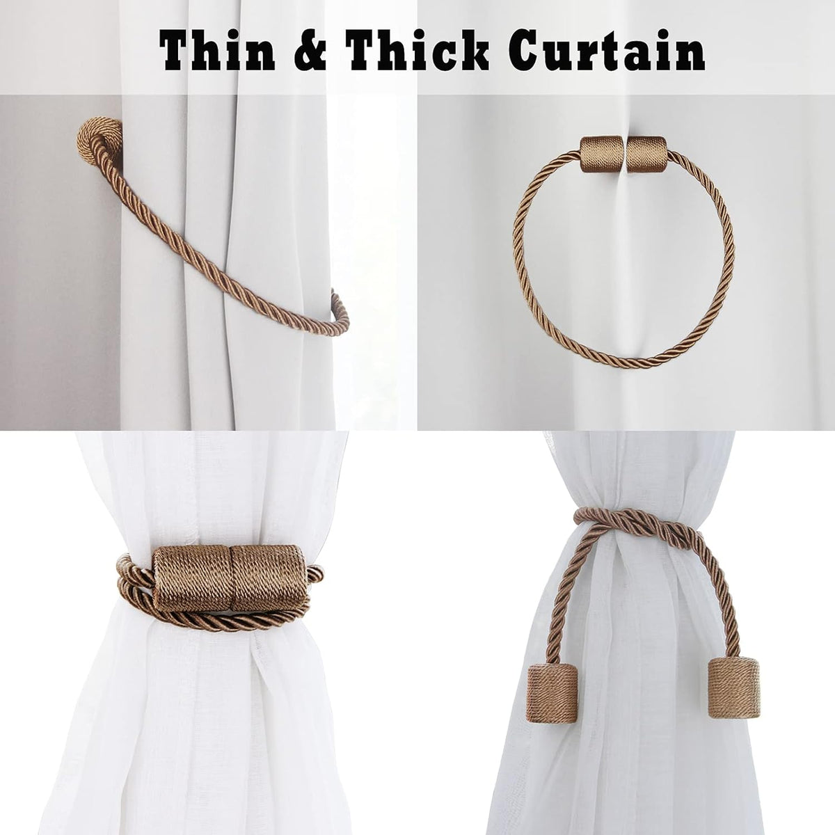 2 Pack Strong Magnetic Curtain Tiebacks Outdoor Elegant Decorative Tie Backs Modern Rope Tiebacks for Drapes Window Curtain Holdbacks for Draperies- Khaki