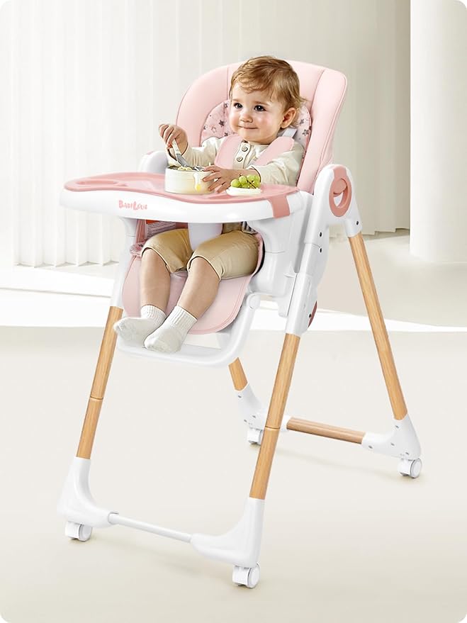 Foldable High Chair with Soft Cushion, High Chairs for Babies and Toddlers, Height Adjustable Feeding Chair, Adjustable Backrest and Footrest, Lockable Wheels, Woodgrain Star Pink