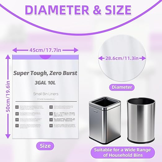 OKKEAI (2.6 Gallon) 3 Gallon Small Trash Bags with Drawstring, 64 Count Printed Bathroom Garbage Bags – Leak-Proof Tear-Resistant Wastebasket Liners for Bathroom, Kitchen, Office