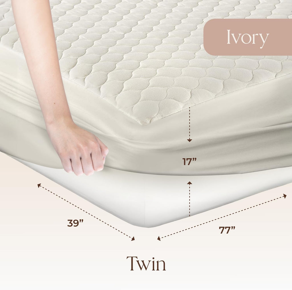 100% Cotton Organic Mattress Pad - Breathable, Cooling, Not Waterproof Mattress Protector Twin Size - Premium 300GSM Quilted and Noiseless Machine Washable Organic Mattress Protector (Ivory, Twin)
