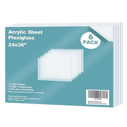 Egofine Plexiglass Sheets Acrylic Sheets 6 Pack of 24x36’’ 0.04 Thick Clear Plastic Cast Transparent Plexi Glass for Crafting Projects, Replacement Picture Frame Glass, DIY Display, Easy to Cut