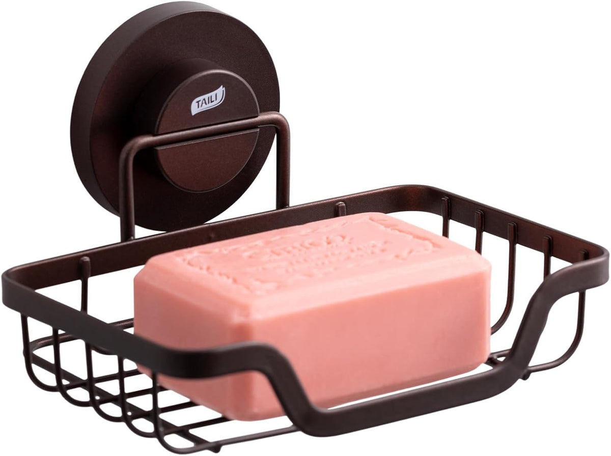 TAILI Soap Holder Bar Dish Suction Cup, Bar Shampoo Rack for Shower Wall, Draining Soap Saver Tray for Bathroom, Rustproof Stainless Steel Sponge Holder for Tub, Kitchen, Drill-Free, Brown