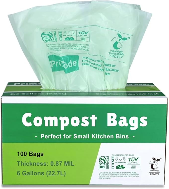 Primode Compostable Bags, 6 Gallon Food Scraps Yard Waste Bags, 100 Count, Extra Thick 0.87 Mil. ASTMD6400 Compost Bags Small Kitchen Trash Bags, Certified By BPI And TÜV AUSTRIA,
