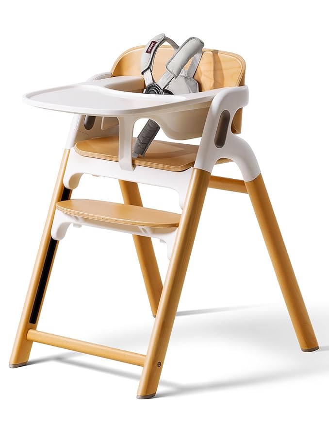 Momcozy DinerPal Wooden High Chair for Babies, Toddlers & Adults Up to 308 Lbs, Convertible Baby Highchair with Food-Grade Tray, Dishwasher-Safe, Adjustable & Ergonomic, Natural Wood
