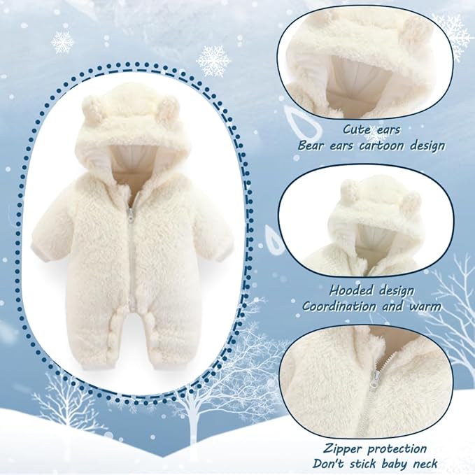 Newborn Baby Bear Outfit Suit Girls Boys Fleece Jumpsuit Romper Hooded Winter Snowsuit Clothes