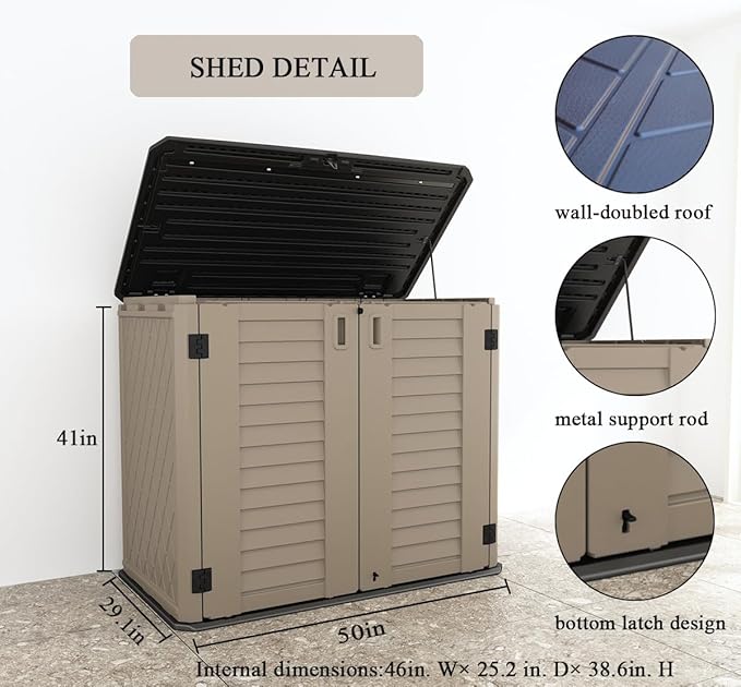KINYING Outdoor Storage Shed - Horizontal Storage Cabinet Waterproof for Garden, Patio, Backyard, Storage Box for Easy Storage of Garbage Cans, Tools, Lawn Mower, 26 Cubic Feet,Dark Brown