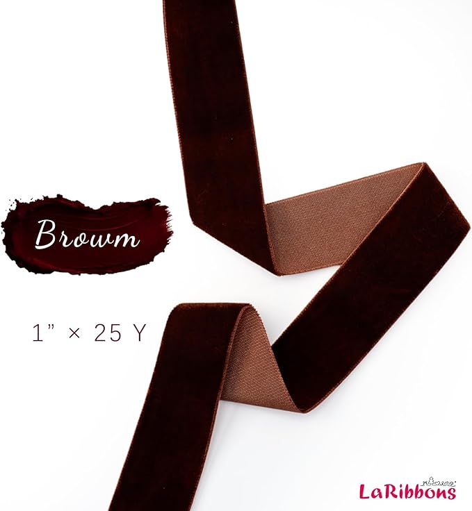 LaRibbons Thin Velvet Ribbon 1 Inch x 25 Yards, Brown Velvet Ribbon for Christmas Tree, Gift Wrapping, Wreath Bow, Outdoor Decoration