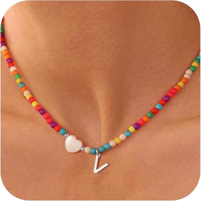 Ursteel Colorful Initial Cute Necklaces for Girls - Trendy Beaded Choker Necklace for Women Teen Girl, Personalized Letter Initial Gifts for Women Kids Jewelry