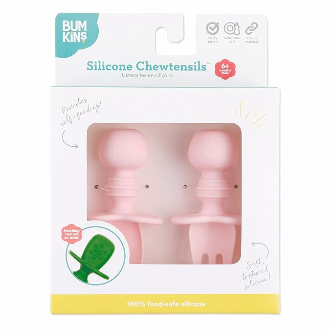 Bumkins Baby Utensils Set, Chewtensils Silicone Spoons for Dipping, Self-Feeding, Baby Led Weaning, Trainer Learning, First Stage Eating, Soft Practice Fork and Spoon, Babies 6 Months, Pink