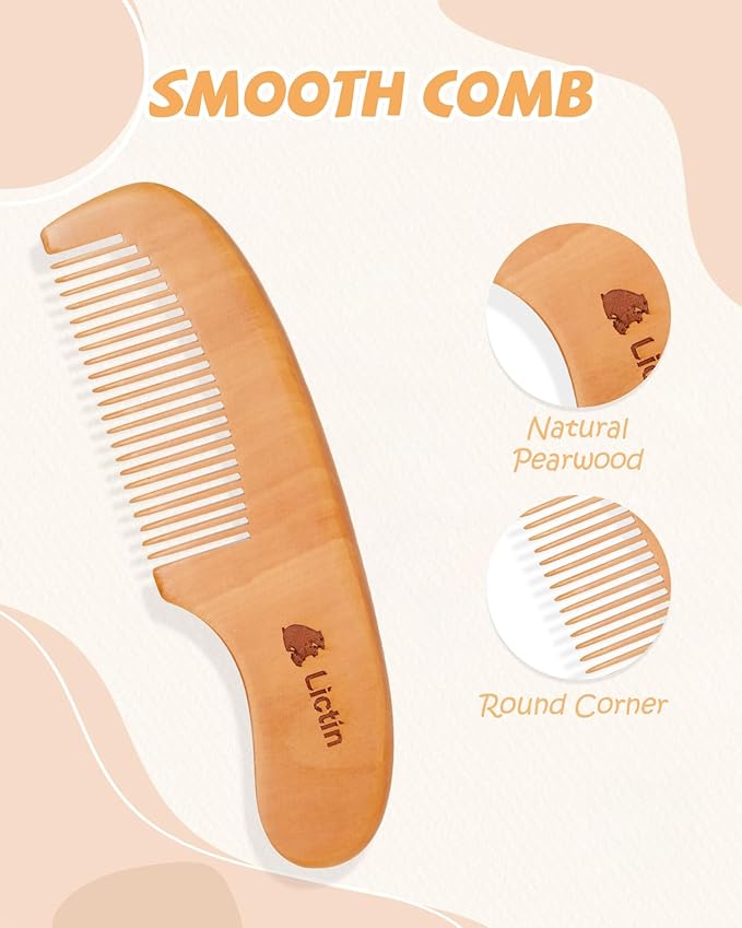 Lictin Baby Hair Brush and Comb Set, 4 Pcs Newborn Hair Brush with Soft Bristle, Natural Goat Hair and Wood Baby Cradle Cap Comb for Newborns & Toddlers, Newborn Baby Essentials, Perfect Registry Gift