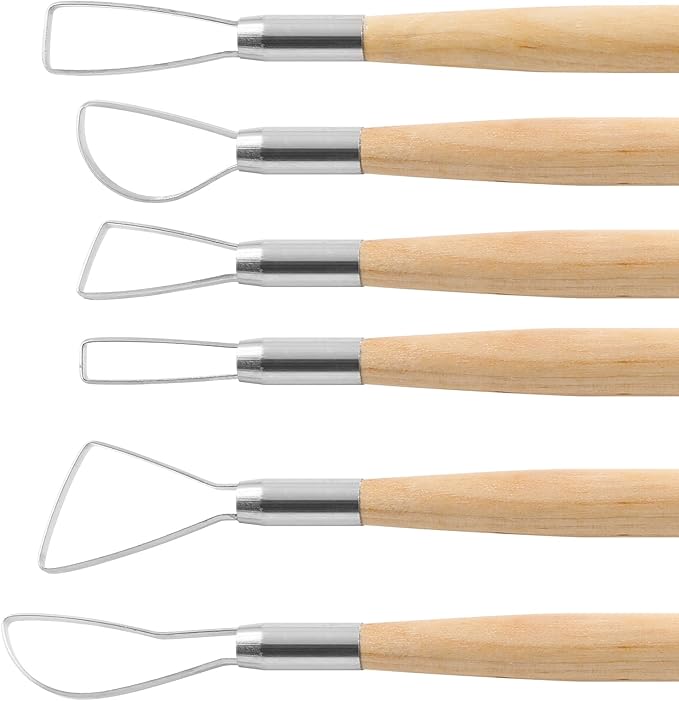 Suiwotin 6pcs Double-Sided Clay Sculpting Tools, Wooden Handle Ribbon Clay Tools, Pottery Trimming Tool, Clay Wire Loop Sculpture Set for Ceramic, Wax Carving Modeling