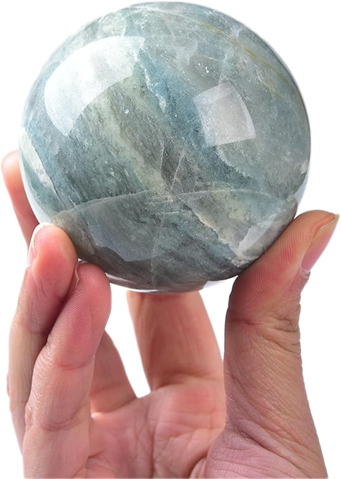 JIC Gem Natural Trolleite Crystal Ball Sphere Blue Healing Crystal Gemstone Ball with Display Stand Home Decor Meditation Grid Energy Balance (50-60mm)