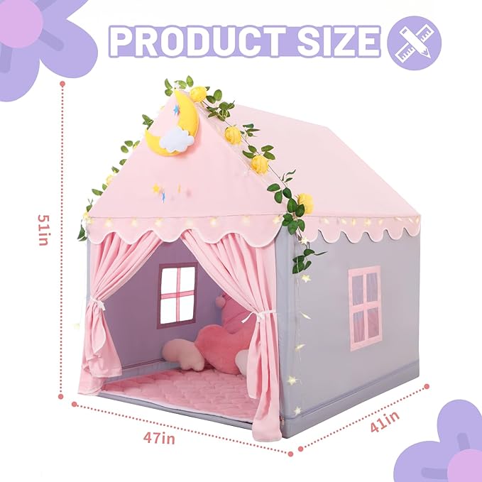 Wilwolfer Kid Tent with Mat, Star Lights - Kids Play Tents for Toddlers Kids Tents Indoor Playhouse - Princess Tent for Girls Toy House Gift (Gray with Cloth)