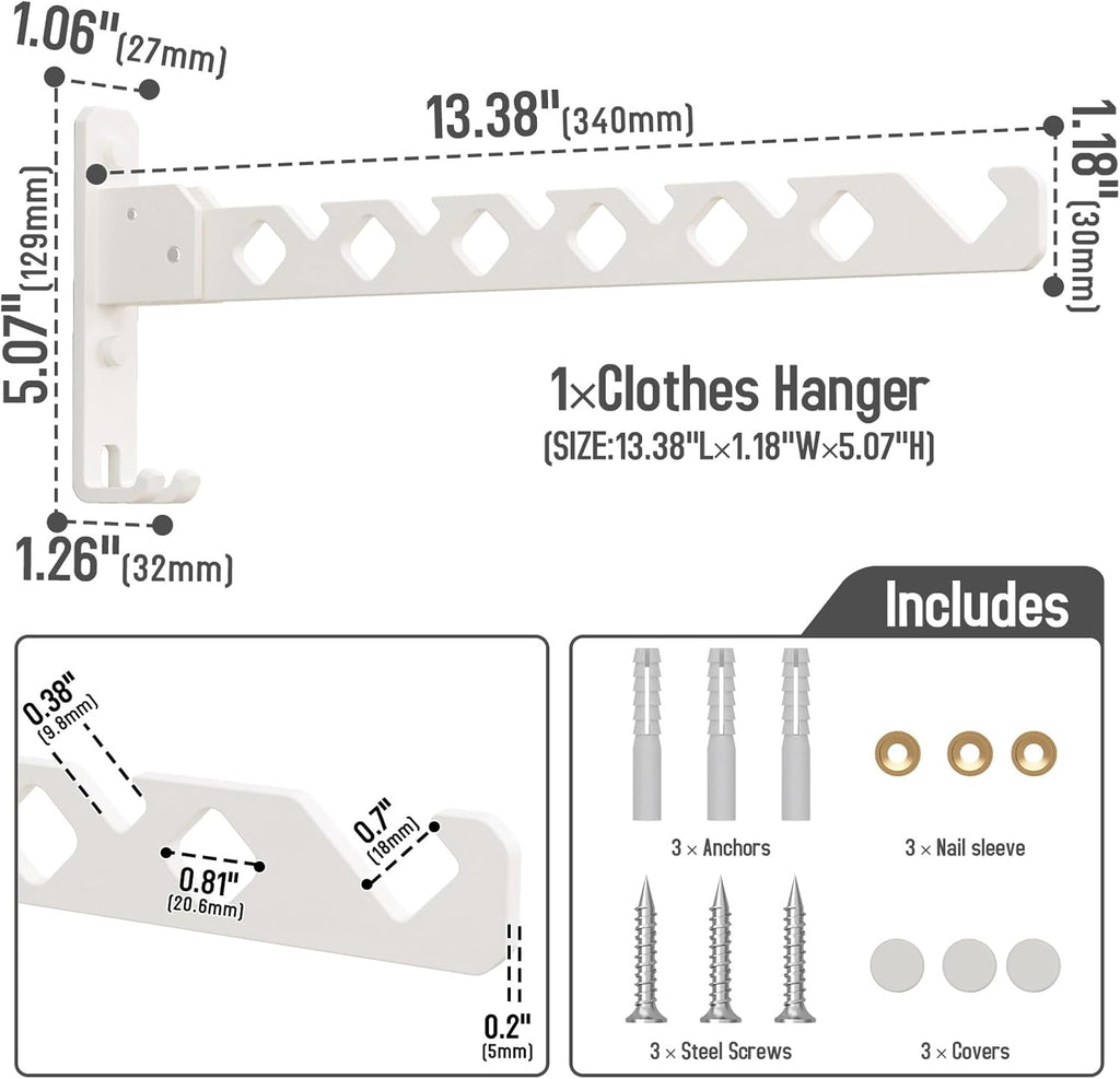 Wall Mounted Clothes Drying Rack, Wall Clothes Hanger Foldable, Laundry Hanger Hook for Bathroom, Wall Clothes Rack Indoor, Perfect for Small Spaces, White