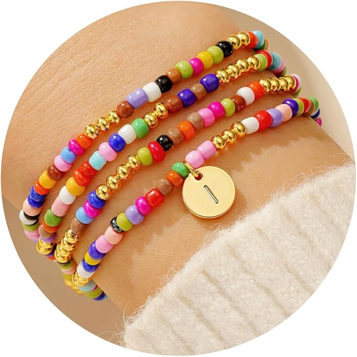 Turandoss 4PCS Colorful Beaded Initial Bracelets for Women Teen Girls - Cute Stretch Beaded Bohemian Disc Initial A-Z Stackable Bracelets Jewelry for Girls Women Teens Birthday Gifts