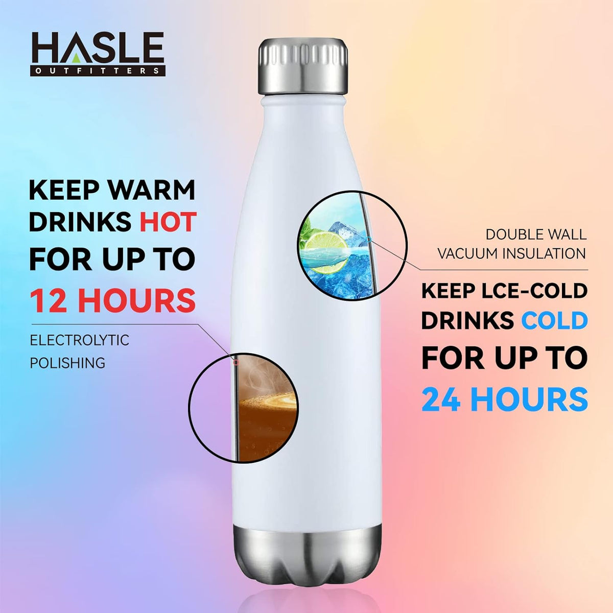 HASLE OUTFITTERS 17oz Stainless Steel Water Bottles Bulk, Vacuum Insulated Water Bottles Double Walled Powder Coated Reusable Metal Sports Water Bottles Keep Drinks Hot and Cold, White, 8Packs