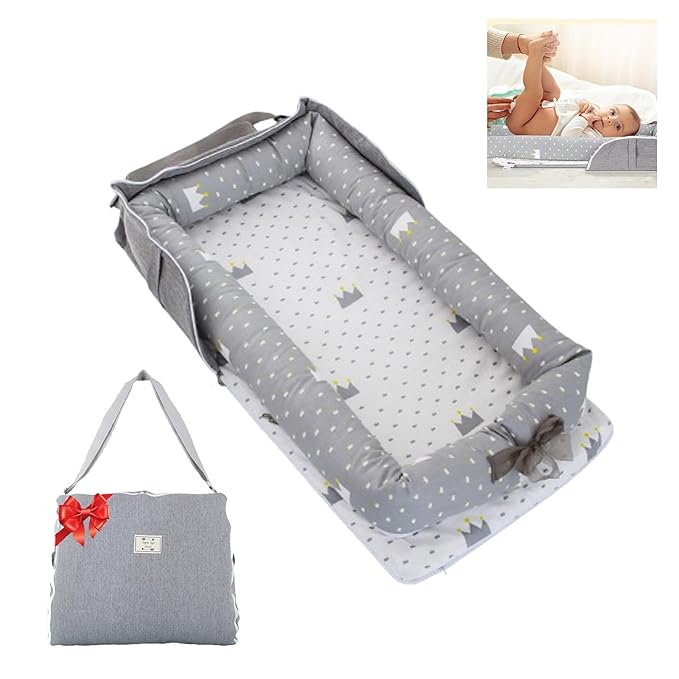 Baby Lounger for Newborn Portable Bag,Baby Lounger Play Mat for Awake-Time,Newborn Babies Essentials Gifts 0-24 Months Home Travel(Crown Grey)