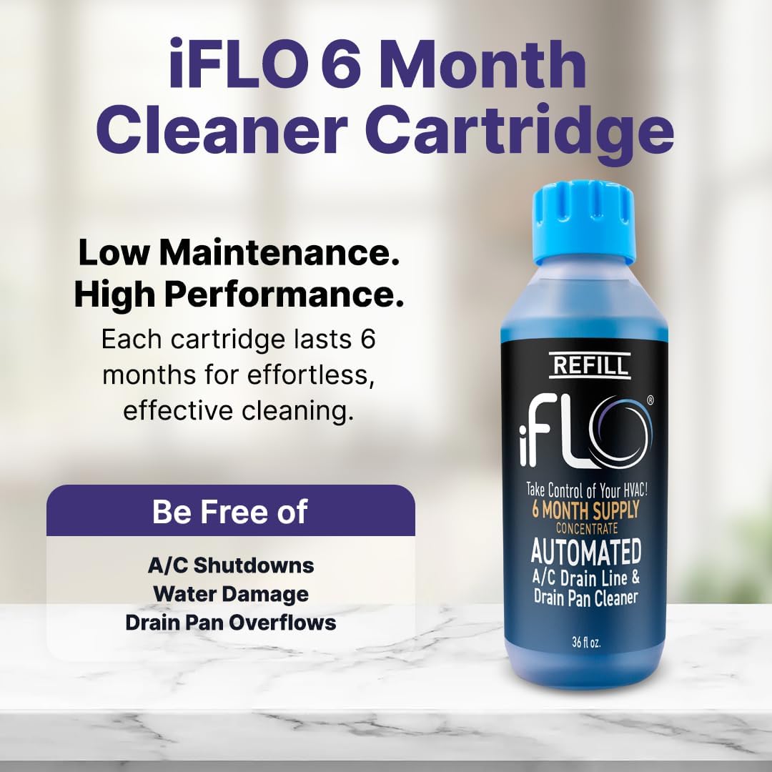 iFLO® Smart A/C Drain Line Cleaner and Drain Pan Cleaner Cartridge Concentrate, Fast-Acting, Long-Lasting HVAC System Solution for Tough Clogs & Buildup, 6-Month Supply per Bottle, 3 Pack of 36oz