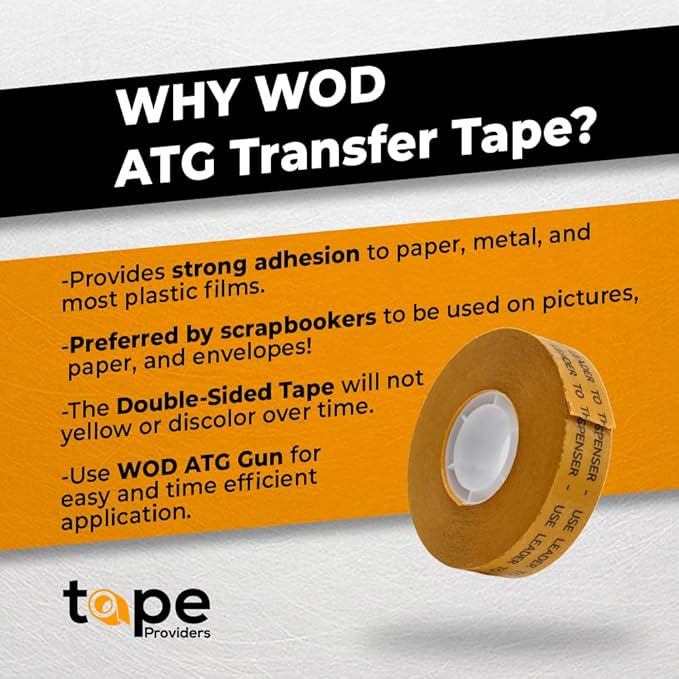 WOD General Purpose ATG Tape, 3/8 inch x 36 yds. (Set of 8 Rolls) Adhesive Transfer Tape Glider Refill Rolls Clear Adhesive on Gold Liner (Acid Free) RWATG20