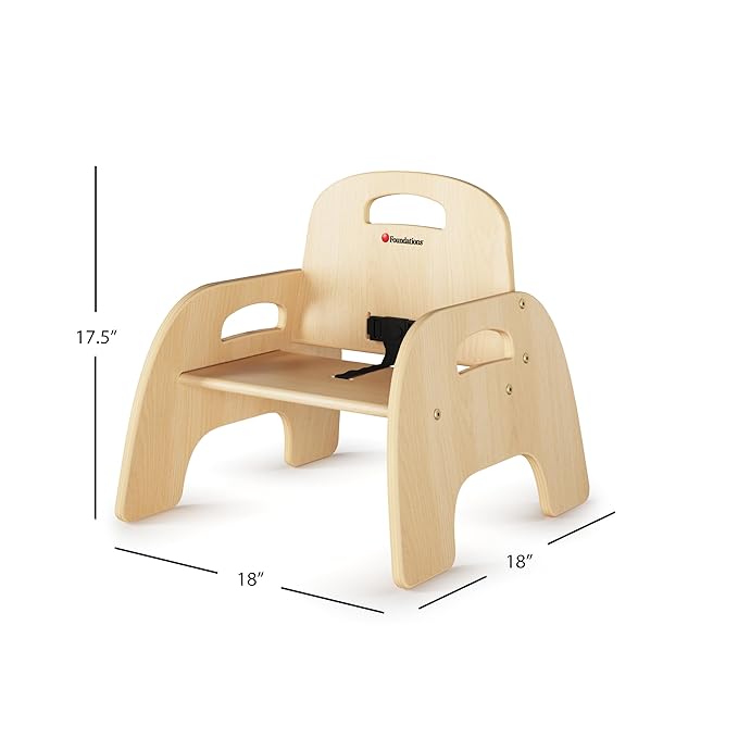 Foundations Simple Sitter 7” Low Wood Feeding Chairs, Wide No-Tip Base, Adjustable Safety Harness, Stackable Wood Toddler Chairs with Food Service Grade Finish, 2 Pack