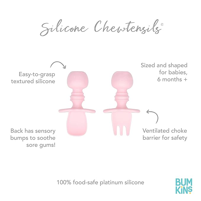 Bumkins Baby Utensils Set, Chewtensils Silicone Spoons for Dipping, Self-Feeding, Baby Led Weaning, Trainer Learning, First Stage Eating, Soft Practice Fork and Spoon, Babies 6 Months, Pink