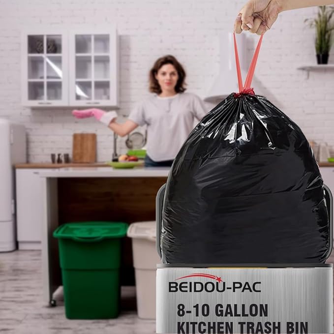 8-10 Gallon Trash Bags Drawstring, 120 Count Bulk, Black & Unscented Multi-purpose Garbage Bags for Business Home Bathroom Kitchen Commercial and Industrial