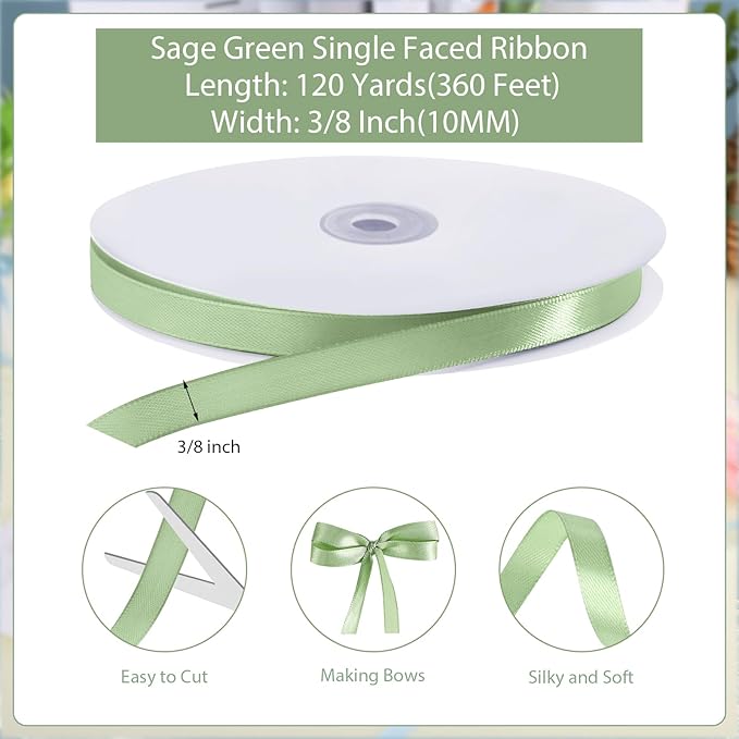 Sage Green Ribbon 3/8 Inch 120 Yards Light Green Satin Ribbon Thin Ribbons for Hair Crafts Scapbook Cake Bows Baby Shower Wedding Birthday Christmas Decorations