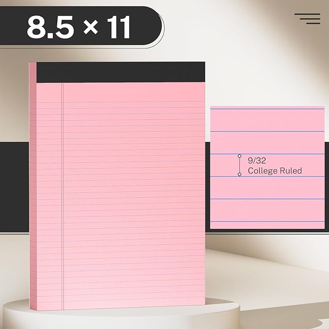 6 Pack Colored Legal Pads 8.5 x 11 College Ruled Paper Note Pads Narrow Ruled 50 Sheets per Notepad Perforated Writing Pad Durable Sturdy Back 8x11 Pads of Paper Pink Purple Blue Green White Yellow