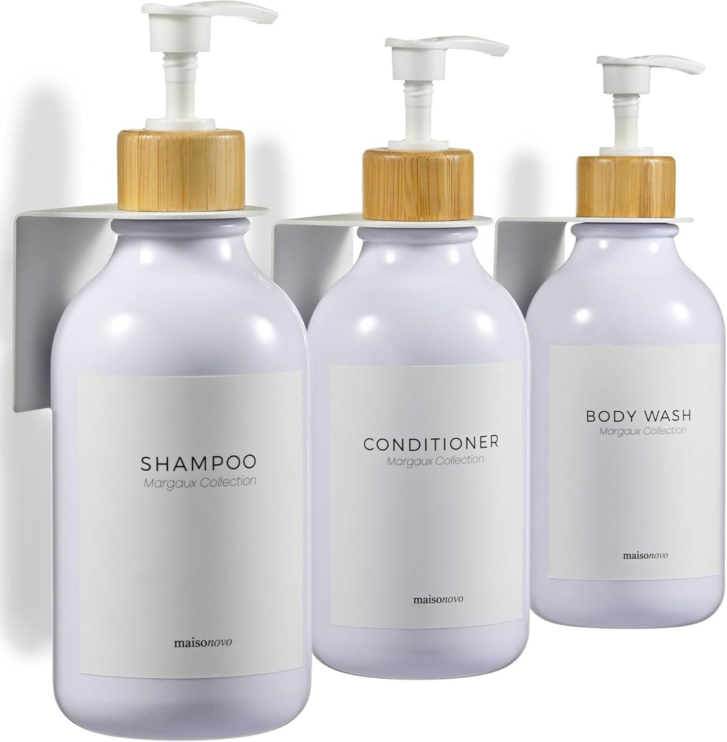 MaisoNovo Shampoo and Conditioner Dispenser - Shower Soap Dispenser Wall Mounted - 16.9 fl oz Set of 3 White Plastic Bottles Bamboo Pump - 3 Chamber No Drill
