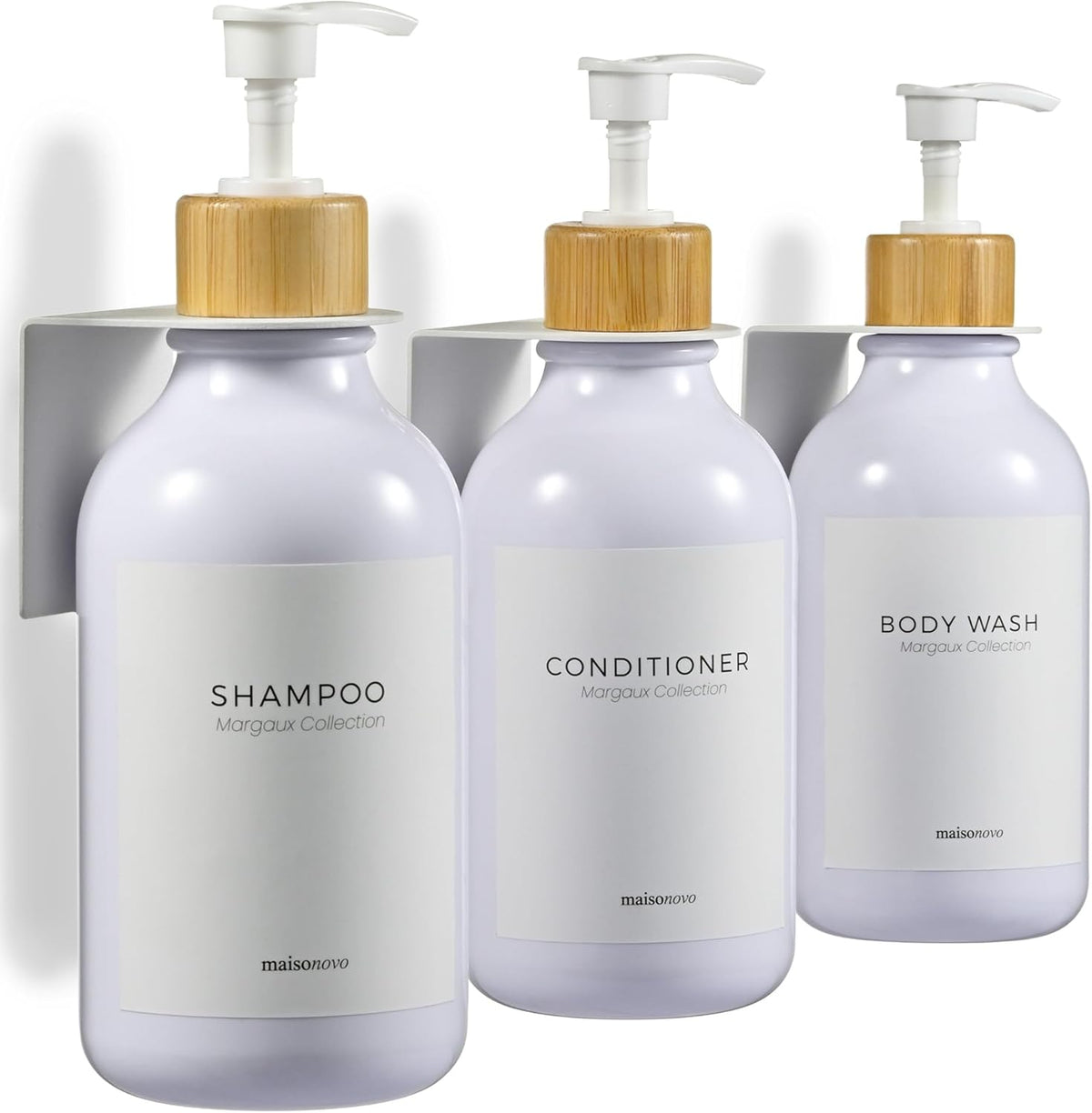 MaisoNovo Shampoo and Conditioner Dispenser - Shower Soap Dispenser Wall Mounted - 16.9 fl oz Set of 3 White Plastic Bottles Bamboo Pump - 3 Chamber No Drill