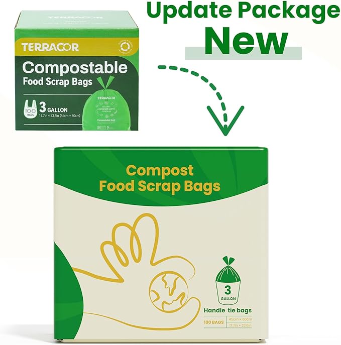 Compost Bags, Handle Tie Food Scrap Bags 3 Gallon,100 Count,Certified by BPI and ASTM D6400, Kitchen Compost Bin Compatible