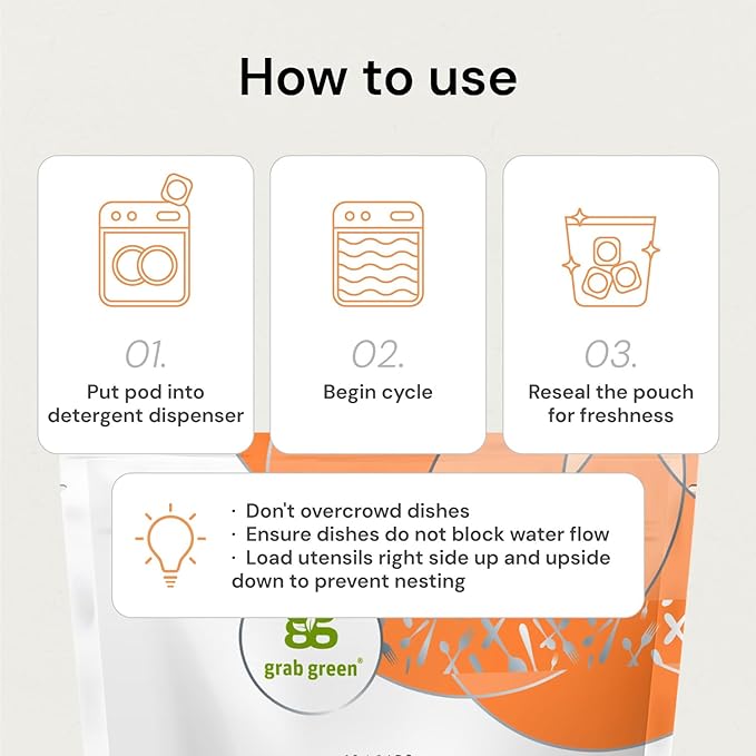 Grab Green Automatic Dishwashing Detergent Pods, 60 Count, Fragrance Free, Plant and Mineral Based, Superior Cleaning, Powerful Grease Removal, Brilliant Shine