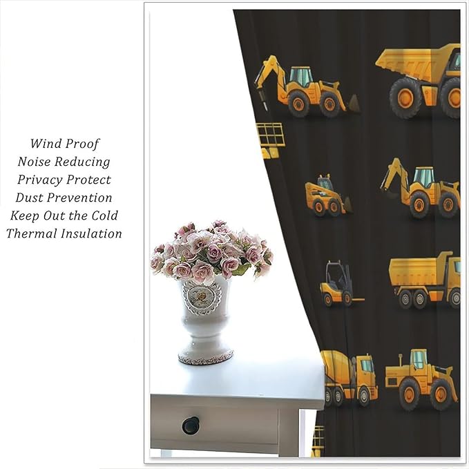 Kids Construction Window Curtains, Construction Machinery Equipment Mode of Transport Bulldozer Tractor Windows Curtain for Children Teens Room Decor 55x63in (30% Blackout)