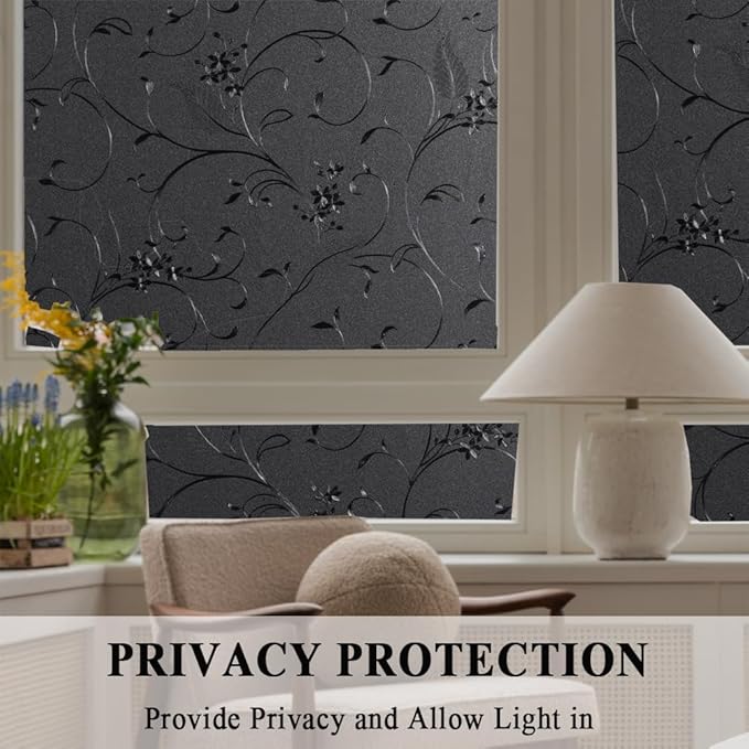 Mikomer Total Blackout Window Film,100% Light Blocking Privacy Glass Door Film Etched Flowers,Room Darkening Window Cling,No Glue/Heat Control/Anti UV for Day Sleep & High Privacy,23.6In. by 118In.