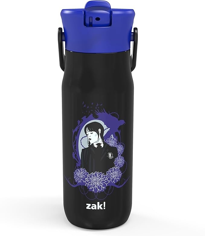Zak Designs Harmony Wednesday Water Bottle for Travel or At Home, 20oz Recycled Stainless Steel is Leak-Proof When Closed and Vacuum Insulated with Straw Lid and Carry Handle (Wednesday Addams)