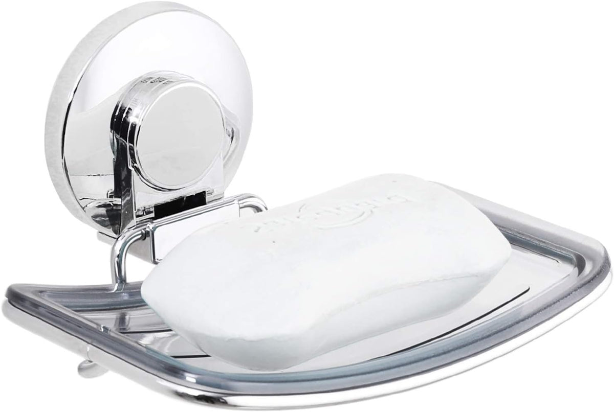 LEVERLOC Chrome Suction Cup Soap Dish Holder for Shower Wall Drill-Free Rustproof Waterproof Wall Mount Strong Suction Removable Bar Soap Sponge Holder for Bathroom Bathtub Kitchen