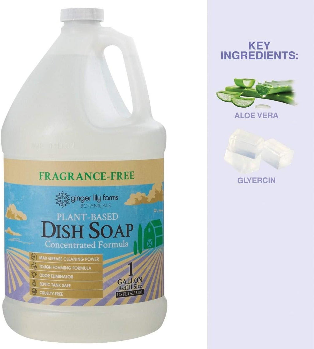 Ginger Lily Farms Botanicals Plant-Based Liquid Dish Soap, Concentrated Formula with Max Grease Cleaning Power, Cruelty-Free, Fragrance-Free, 1 Gallon Refill (128 Fl. Oz.), Clear