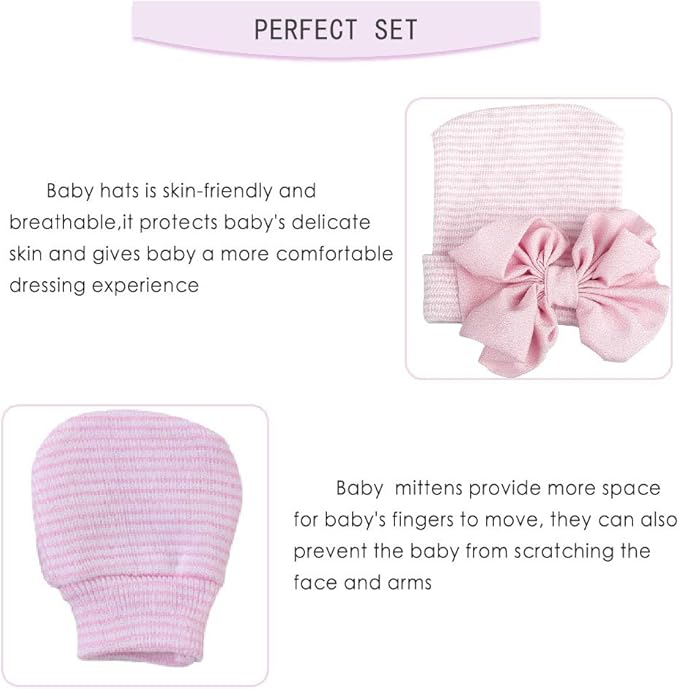 Baby Caps and Mittens Newborn Hospital Beanie Hats No Scratch Gloves Soft Babies Gift Set for Boys Girls