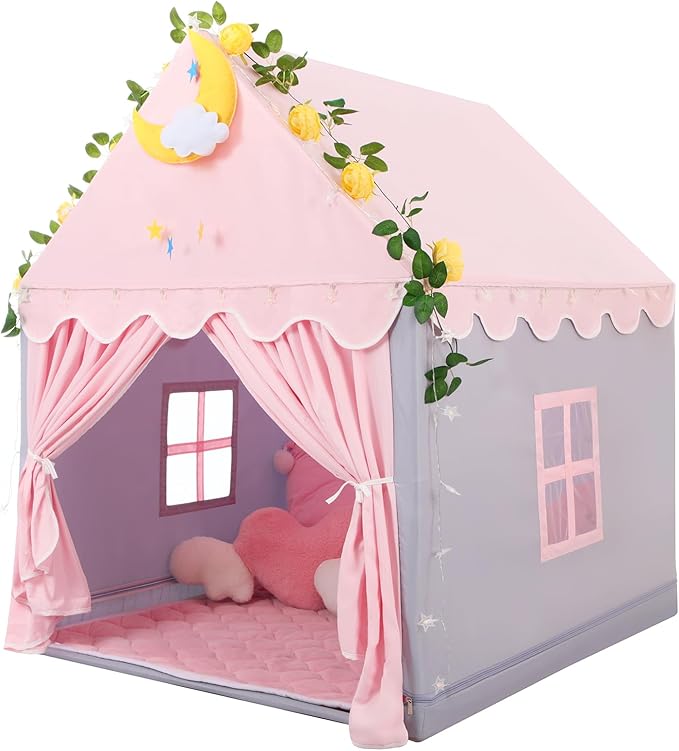 Wilwolfer Kid Tent with Mat, Star Lights - Kids Play Tents for Toddlers Kids Tents Indoor Playhouse - Princess Tent for Girls Toy House Gift (Gray with Cloth)