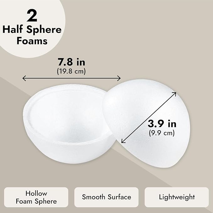 Half Foam Ball 2-Pack - 7.8 x 7.8 x 3.9 in, White - DIY Art Craft & Modeling Supply - Sphere Dome for Crafts Projects
